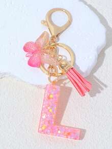 1pc A-Z Letter Butterfly Children's Bag Charm, Bag Accessory, Butterfly Tassel Letter Pendant Keychain, Pink Glitter Letter Keychain With Butterfly Tassel, Girls Bag Charm, Party Gift - Pink - View 10