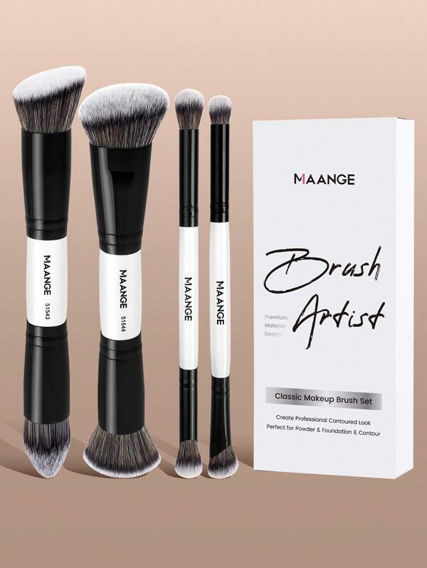 MAANGE 4Pcs Professional Facial Double-Ended Makeup Brush Set With Paper Box,Bevel&Taper Foundation Brush Contour Brush Blush Brush Powder Brush Eyeshadow Brush Concealer Brush Highlight Brush Smudge Brush,Makeup Tools With Soft Fiber For Easy To Carrying,Set For Travel,Gift For Women&Girls
