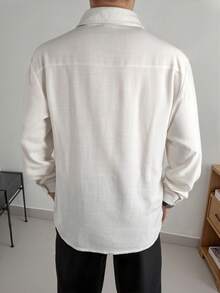 Men's Vintage Coin Pattern Linen Solid Color Long Sleeve Shirt, Versatile Casual Wear, Essential For Autumn - White - View 2
