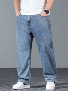 Men's Plus Size Jeans With Beard Details, Basic Style, Slightly Elastic, Slim Fit, Blue, Casual And Simple, Suitable For Daily Wear, Men's Jeans, Men's Pants, Men's Blue Pants, Plus Size - Màu xanh nhạt - Xem 5