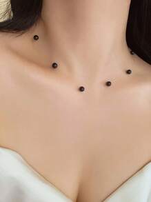 1 件米色仿珍珠项链，法式优雅女士通勤和约会颈链，休闲度假颈链配饰 - 黑色 - 查看 2