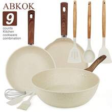 ABKOK ABKOK 9-Piece White Cookware Set- 24/28cm Frying Pan + Pizza Pan + Silicone Tools - Multi-Layer Base For All Stoves (Induction/Gas Compatible)
