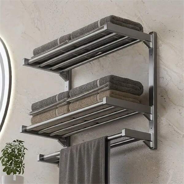 [1pc Stainless Steel Towel Rack] Musurjoy Stainless Steel Towel Rack, Casual Style Wall Mounted, Chrome Finish, Multi-Layer, No Drill Installation, Strong Load-Bearing For Bathroom Kitchen Storage, Compatible With Various Wall Surfaces, Towel Racks