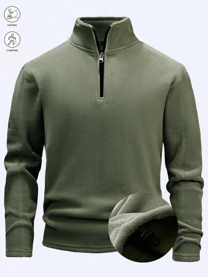 1/4 Zip Fleece Jacket For Men, Solid Color Outdoor Casual Sweatshirt, Thick & Warm, Elastic Drawstring Hem, Suitable For Outdoor Activities, Cycling, Hiking, Running, Fishing, Daily Casual Wear, Green,Winter