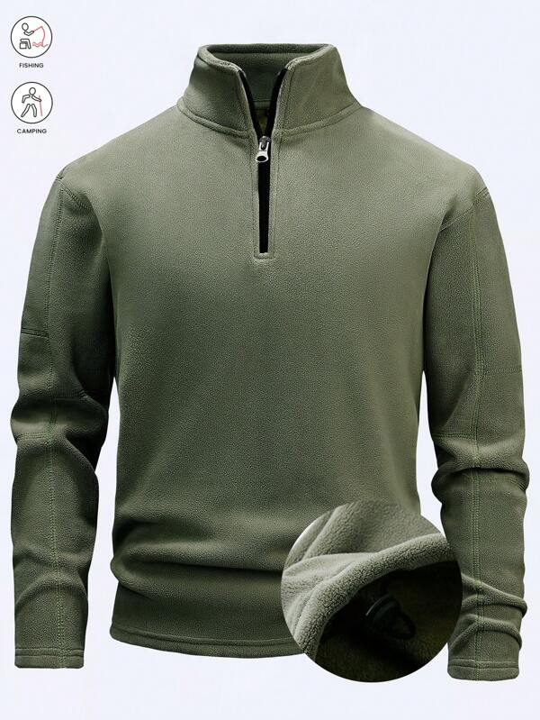 Chaqueta de forro polar para hombres, sudadera con cremallera de 1/4, sudadera con capucha de unicolor para uso casual al aire libre, gruesa y cálida para el invierno, dobladillo con cordón elástico, adecuada para actividades al aire libre, ciclismo, senderismo, correr, pesca, uso casual