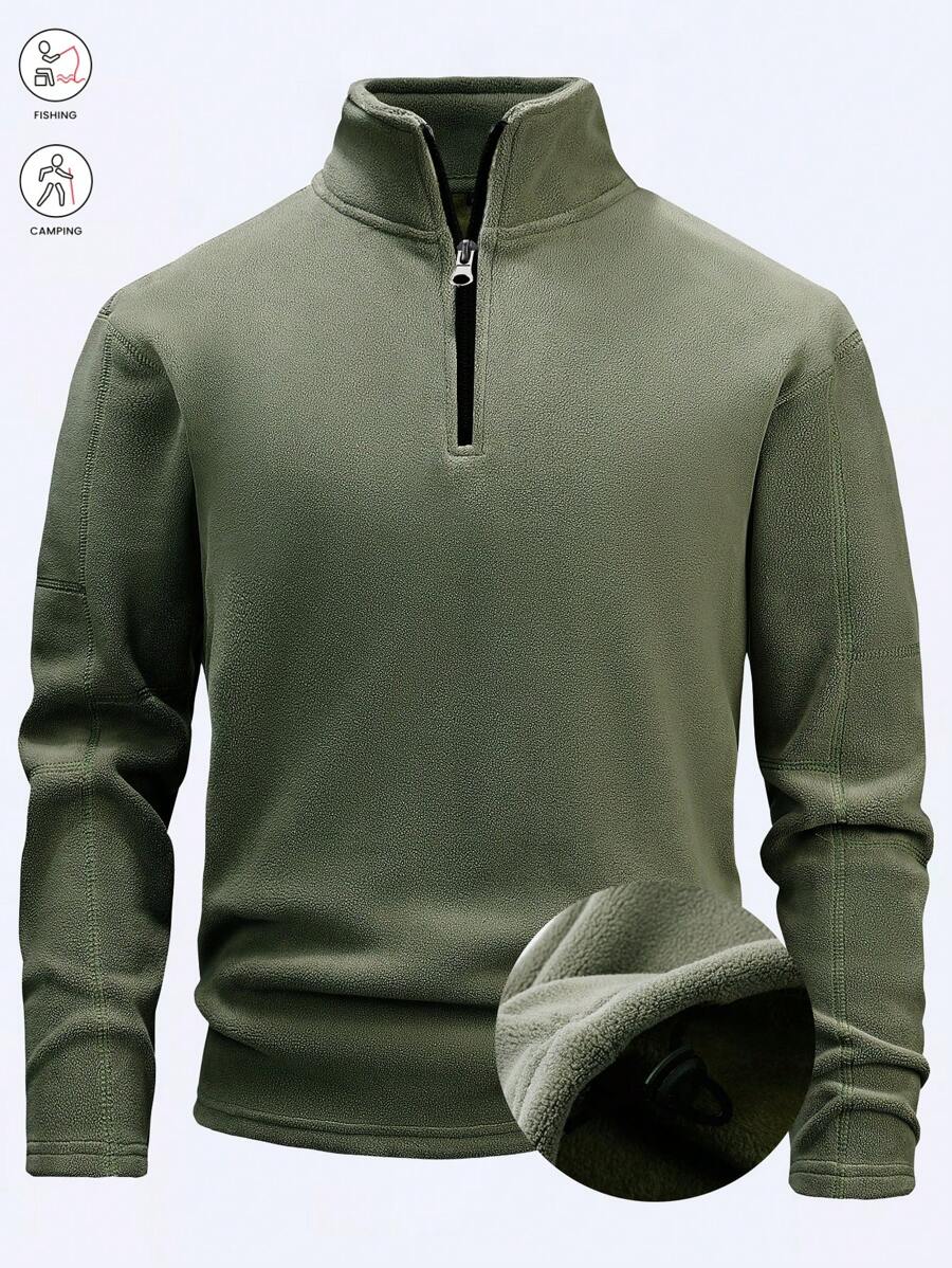 1/4 Zip Fleece Jacket For Men, Solid Color Outdoor Casual Sweatshirt, Thick & Warm, Elastic Drawstring Hem, Suitable For Outdoor Activities, Cycling, Hiking, Running, Fishing, Daily Casual Wear, Green,Winter - Army Green - View 1