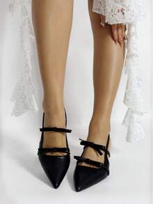 Spring/Summer New Bowknot Patent Leather Pointed Toe Stiletto High Heel Sandals With Ankle Strap - Black - View 2