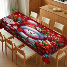 1pc Polyester Christmas Snowman & Floral Tablecloth, Holiday Party Dining Table Cloth, Festive Red Background Cloth For Outdoor Party, Picnic, Dinner, Ideal For Home And Restaurant Decor