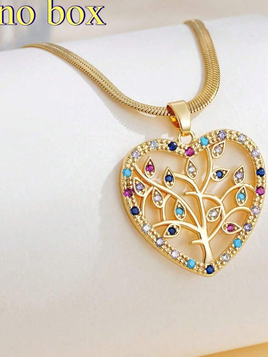 Stainless Steel Flat Chain Necklace With Crystal Tree Of Life Heart Design, Creative Vintage Minimalist Style Unisex Pendant Necklace, Suitable For Couples, Daily Wear, Work And Travel