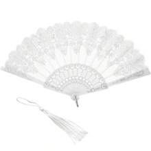 1pc Women White Folding Fan With Silver Flower Pattern, Fashion Dance Fan