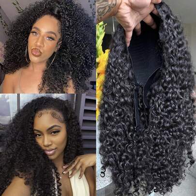 LOOKEYEME 30 32inch Kinky Curly Half Wig Human Hair With Drawstring For Women 200% Density 3 In 1 Half Wig Human Hair 26 Inch Spiral Curly Wear And Go Wigs ,Natural Color,Quick Install,Beginners Friendly
