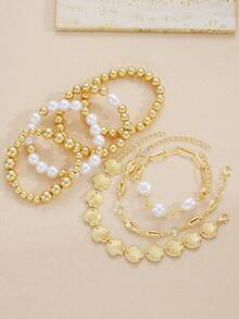 7pcs Vintage Elegant Boho Jewelry Set, Ocean Style Faux Pearl, Heart, Shell, Fan-Shaped Beaded Bracelets, Personalized Simple High-End Layered Bangle Bracelet, Suitable For Women Summer Beach Party, Dating, Daily Wear - 金黃色 - 查看 4