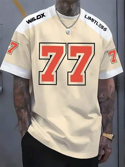 ملابس علوية رجالي صيفي عصري للشارع، ملابس علوية كريو عادي بأكمام قصيرة مع طباعة رقمية ثلاثية الأبعاد - أسود مع الرقم 77 باللون البرتقالي