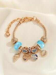 1件简约时尚水钻镂空心形四叶草粉色花朵蜜蜂吊坠手链，时尚日常佩戴女士手链 - 金黃色 - 查看 5