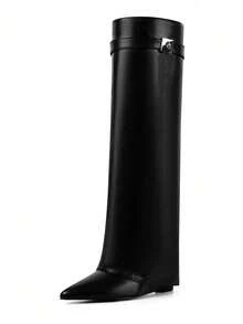 Women's Knee High Fold Over Slouchy Shark Boots Wedges High Heels Pointed Toe Fashion Padlock Buckle Pull On Party Sexy Boots Woman - Schwarz - Übersicht 1