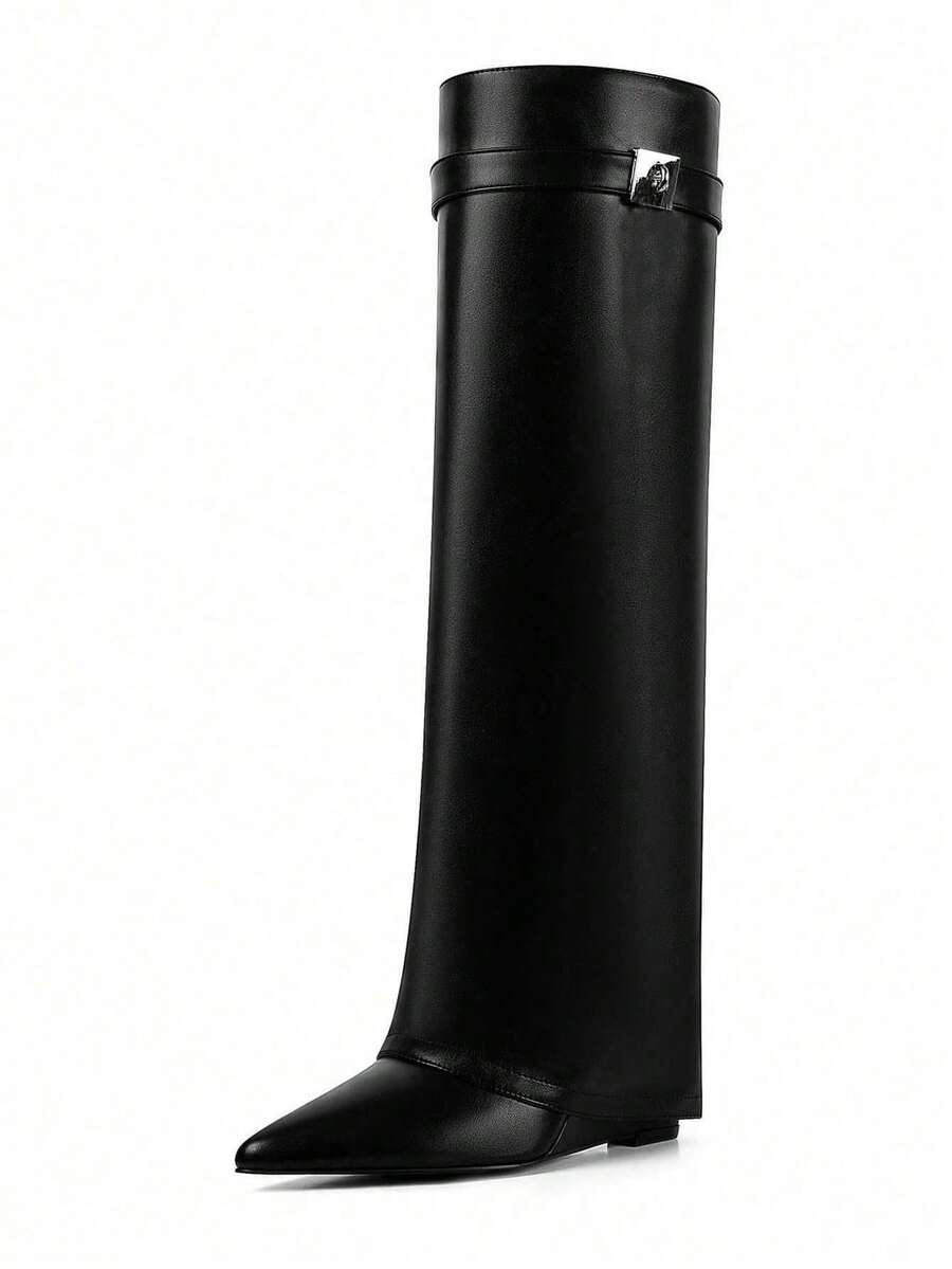 Women's Knee High Fold Over Slouchy Shark Boots Wedges High Heels Pointed Toe Fashion Padlock Buckle Pull On Party Sexy Boots Woman - Schwarz - Übersicht 1