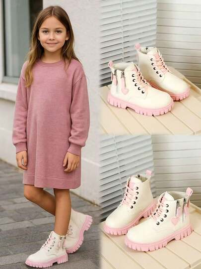 1 Pair Pink Toddler/Little Girls' Matte Finish Lace-Up Round Toe Platform Boots, Soft Fabric, Side Zipper, Fashionable , Suitable For Students, Casual, Holiday, Party, Autumn/Winter
