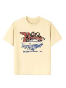 1pc Tween Girl Casual Leopard Print & Retro Car Color Graphic Round Neck Short Sleeve T-Shirt, Summer Student Young - Brings Joy & Happiness To Every Child! - 杏色 - 查看 3