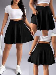 Plus Size Women Casual Solid Color Sleeveless High Waist Slim Golf Mini Skirt, Outdoor Sports, Fitness, Suitable For Summer