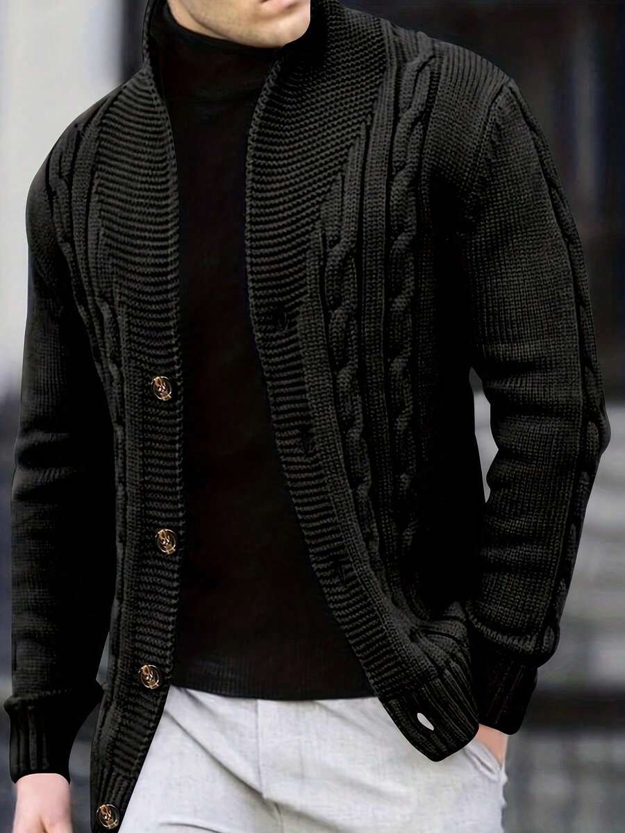 Men's Solid Rib-Knit Long-Sleeved Button-Up Cardigan - màu đen - Xem 1