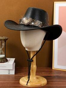 1 Set Includes: 1pc Metal Heart Diamond Cowboy Hat, 1pc Cashew Pattern Scarf, Unisex Elegant & Fashionable, Suitable For Travel, Party, Western Cowboy Theme Party And Daily Use
