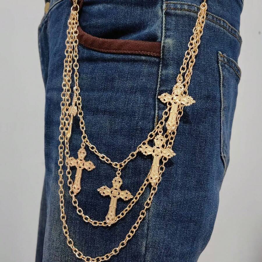 Halloween Punk Multilayer Pants Chain Belt Metal Stars Cross Spider Web - Dây chuyền quần dài đeo chéo ba lớp màu vàng - Xem 1
