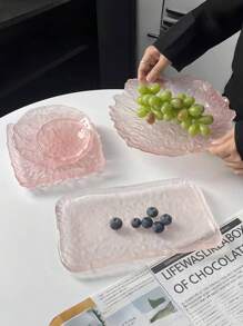 1pc Asymmetrical Glass Glacier Tray, High-End Icy Plate, Home Kitchen Dessert Fruit Cake Snack Tray, Jewelry Storage Dish - Pink - View 3