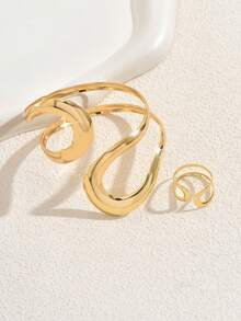 1 Set Spiral Design Chunky Bracelet Ring Jewelry Set , Women Cuff Bangle , Matching Design Rings Bracelets - Gold - View 3