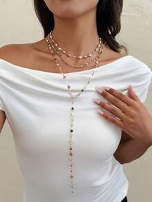 Bộ 3 dây chuyền hình chữ Y đính ngọc trai giả sáng tạo thời trang, vòng cổ pha lê nhiều lớp nhiều màu sắc, thích hợp cho phụ nữ đi nghỉ lãng mạn, hẹn hò bạn bè, trình diễn thời trang, du lịch, tiệc tùng, tiệc chiêu đãi, chụp ảnh đường phố - Chuỗi ngọc trai nhiều màu hình chữ Y - Xem 2