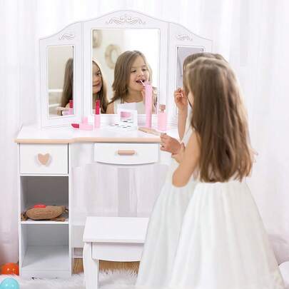  Techigher Kids Vanity Table And Chair Set With Mirror And Drawer Princess Makeup Dressing Table 2 In 1 Girls' Vanity Set With Pretend Wood Makeup Playset For 3-9 Yr