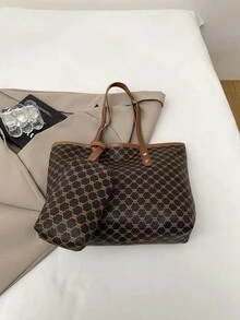 1 件咖啡棕色手提包，全新设计，带金属五金装饰，复古花卉 PU，大容量女士单肩包（带小吊坠配件） - 咖啡棕 - 查看 3