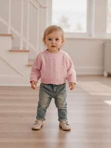 Kids Fall Knit Cardigan Long Sleeve Solid Color Button Down Warm Winter Sweater For Girls Boys - 粉色 - 查看 6