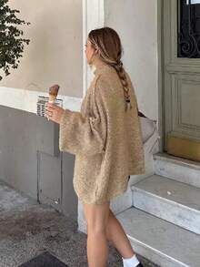 Women's Oversized Pullover Sweaters  Fall Winter Mock Neck Lantern Sleeve Crochet Casual Knitted Jumper Tops Solid Color Loose Blouse - 駝色 - 查看 3