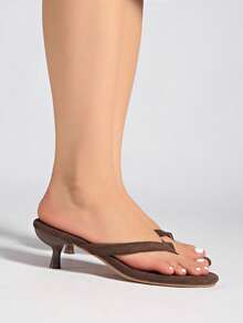 Women's Brown Suede Mid-Heel Sandals, New Summer Collection,Kitten Heels - Brown - View 4