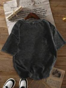 This Pattern-Printed Round-Neck Short-Sleeve Vintage Casual Everyday Washed T-Shirt Has An Issue, But The Nature Of The Problem Has Not Yet Been Determined - 黑色 - 查看 2