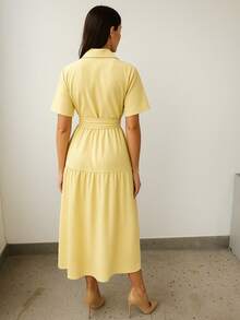 Linen Midi Dress With Lining, Buttons And Structured Collar - Yellow - View 2