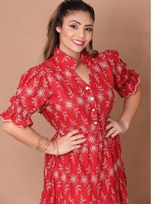 Women's Midi Dress With Embroidered Laise, All-Over Print, Embroidery, Button, Ruffle, Gathered, Formal And Evening - Two-tone Red. - View 1