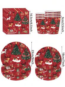 10pcs Perlengkapan Pesta Natal Warna Merah Anggur, Dekorasi Set Peralatan Makan Tema Natal Merah, Piring, Serbet, Gelas, Perlengkapan Meja dengan Pola Pohon Natal, Santa, dan Rusa Kutub untuk Suvenir Pesta Natal Musim Dingin - MultiWarna - View 3