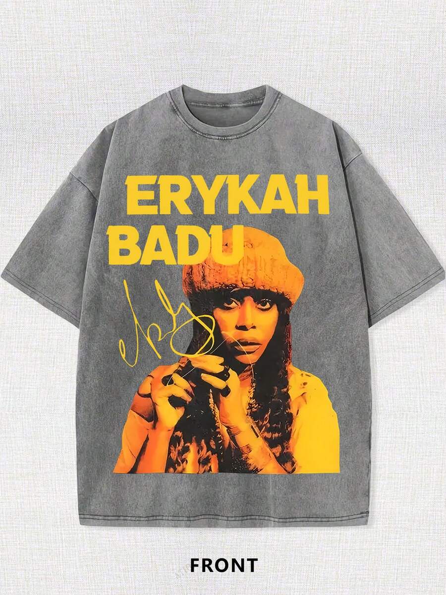 ¡Lava con agua para hacer la manualidad de siempre! Camiseta con estampado del personaje de Erykah Badu, con un toque retro de cantante de soul, llena de estilo urbano. - Gris - Ver 1