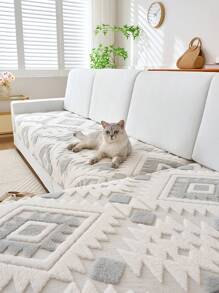 1pc Bohemian Quilted Plush Sofa Cushion Cover, Warm-Toned Country Style Sofa Slipcover, Anti-Slip & Anti-Scratch, Suitable For All Seasons, Fits 1/2/3/4 Seater Sofas And Sectionals, Ideal For Living Room/Dining Room/Bedroom/Study, Autumn Decor, Dorm Decor, Back To School - Light Grey - View 5