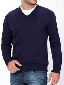 Basic V-Neck Knit Top, Fall/Winter, Regular Fit - Azul Marino - Ver 1