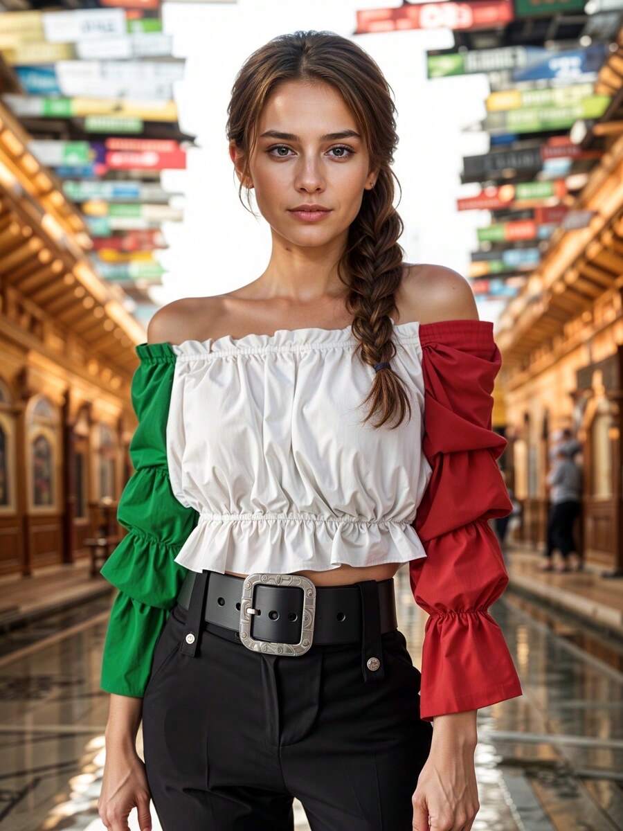 Blusa Campesina Tradicional Mexicano Tricolor de Hombros Descubiertos y Mangas Largas para Mujer 15 de Septiembre - Tricolor - Ver 1