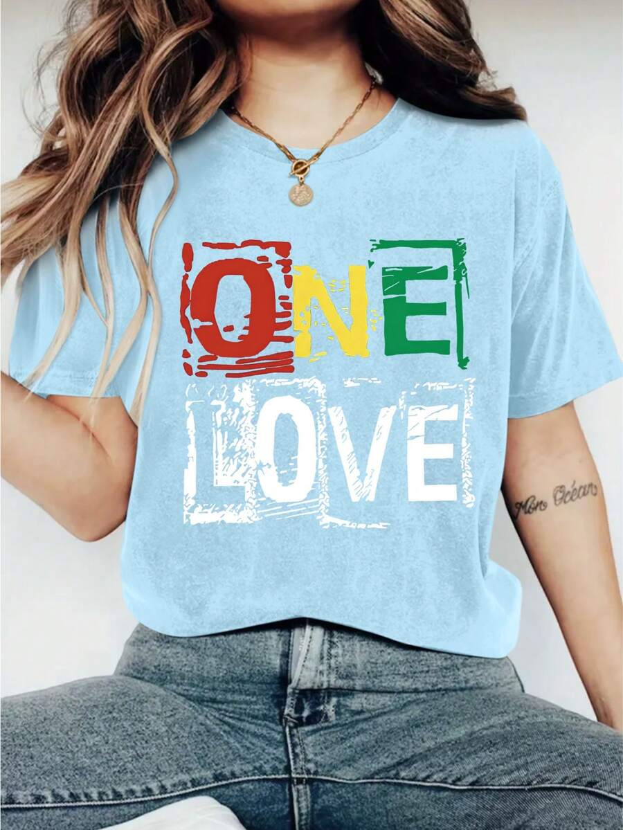 ONE LOVE Print Crew Neck T-Shirt - Fashionable Womens Graphic Print T-Shirt - Casual Short Sleeve Crew Neck Top - Lightweight & Breathable For Spring & Summer Wardrobe, 1 Piece, 200g - 藍色 - 查看 1