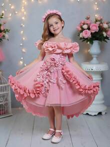 Vestido elegante de niña pequeña sin mangas con aplicación floral de tul para fiesta, cumpleaños, boda, sin diadema - Rosa vieja - Ver 1