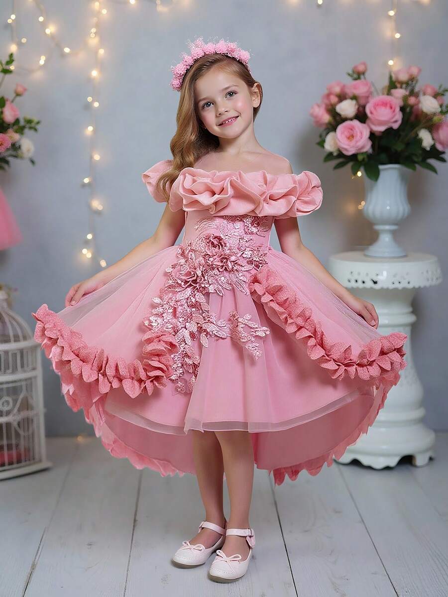 Vestido elegante de niña pequeña sin mangas con aplicación floral de tul para fiesta, cumpleaños, boda, sin diadema - Rosa vieja - Ver 1