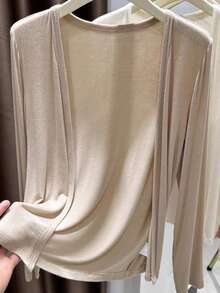 Vera Lane Women's Spring/Summer Cardigan Top, Y2K Casual Cute Style Versatile Solid Color Knit Cardigan Jacket, Suitable For Concerts And Other Occasions, Lightweight And Versatile, Great For Valentine's Day And Carnival - Milk Coffee Color - View 2