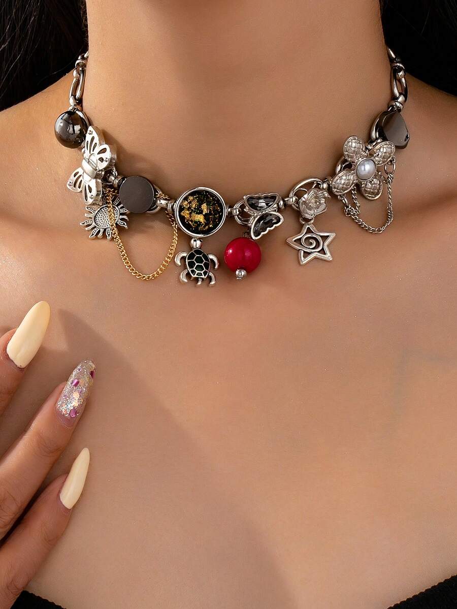 1 件全新设计百搭简约多元素吊坠链项链，高端锁骨链项链女士珠宝，适合晚会、音乐节和各种场合 - 彩色 - 查看 1