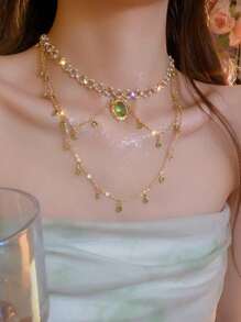 1 stuk elegante groene/rode hangerketting in Boheemse stijl voor vrouwen, ovale hangerketting met imitatieparels, sprankelend ontwerp, geschikt voor feestjes, casual outfits en cadeaus