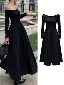 所有女装一字肩黑色连衣裙 - 2025 新款秋季正式休闲长袖单肩褶饰腰部中长溜冰裙，高腰飘逸下摆，多功能适用于商务/约会/日常/通勤/沙特国庆节和圣诞节服装，必备秋季时尚必备品，适合万圣节和返校节，哥特式和老钱风格 Inspo/一字肩连衣裙 - 黑色 - 查看 4