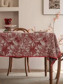 1pc French Retro Floral Christmas Tablecloth, Rectangular Jacquard Fabric Suitable For Daily, Festivals, Parties, Weddings, Dinners, Home Decor - Red and White - View 3